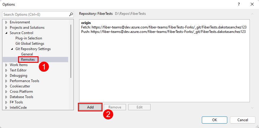 Visual Studio 中“源代码管理”菜单的“Git 存储库设置”子菜单中的“添加”按钮的屏幕截图。