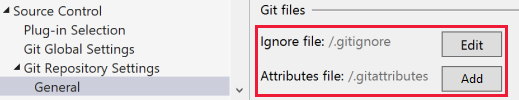 显示 Visual Studio 中忽略或属性文件的“编辑”按钮的屏幕截图。