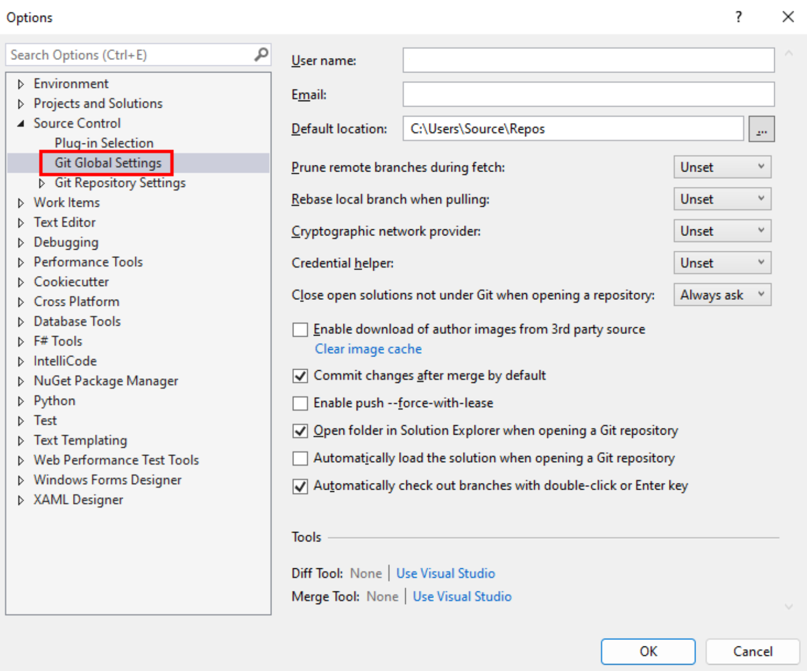 Visual Studio 的“选项”对话框中 Git 全局设置的屏幕截图。
