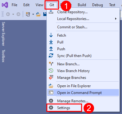 Visual Studio 菜单栏中“设置”选项的屏幕截图。