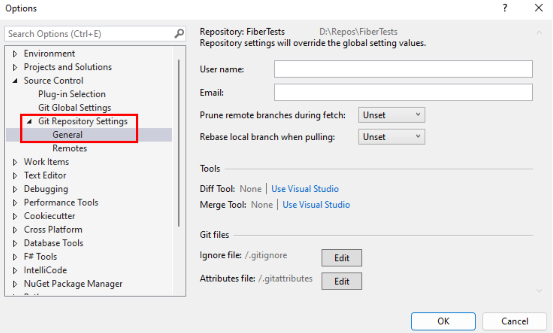 Visual Studio 的“选项”对话框中 Git 存储库设置的屏幕截图。