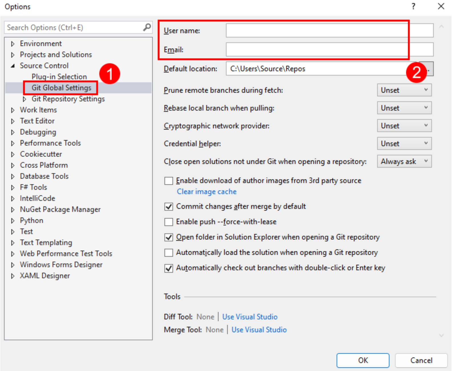 Visual Studio 的“选项”对话框中 Git 全局设置中名称和电子邮件设置的屏幕截图。