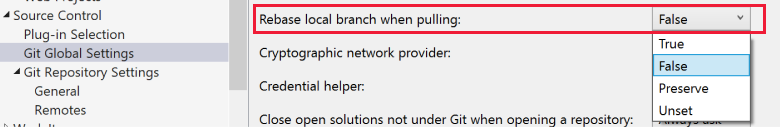 Visual Studio 的“选项”对话框中“Git 全局设置”中的“存储库”设置的屏幕截图。