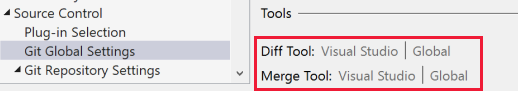 显示 Visual Studio 中“选项”对话框中的差异和合并工具设置的屏幕截图。