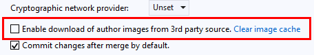显示用于在 Visual Studio 2019 中的团队资源管理器中启用从第三方源下载作者图像的复选框的屏幕截图。
