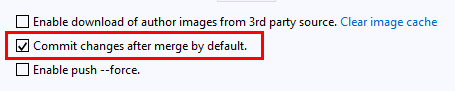 显示 Visual Studio 2019 中的团队资源管理器中默认合并后提交更改的复选框的屏幕截图。