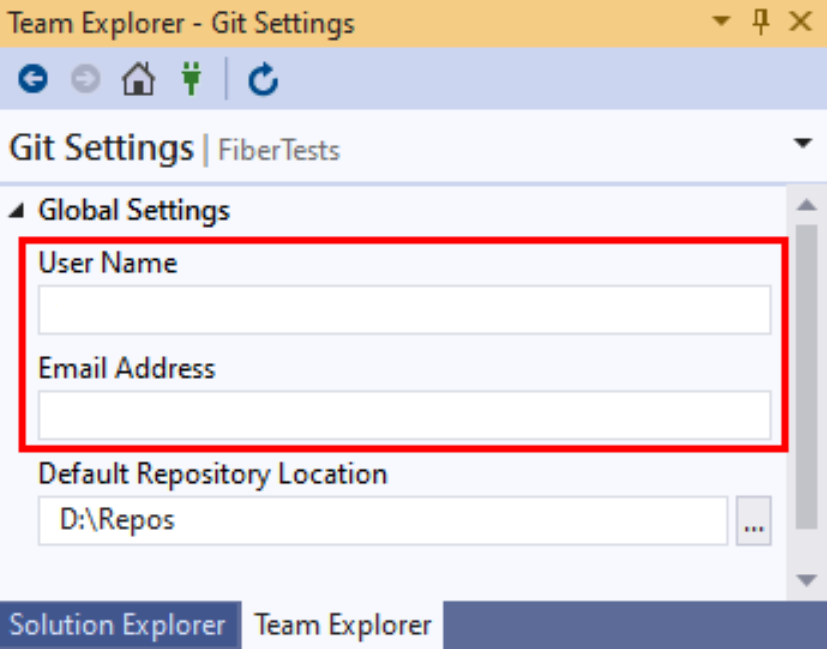 Visual Studio 2019 团队资源管理器中的“全局设置”中的名称和电子邮件设置的屏幕截图。