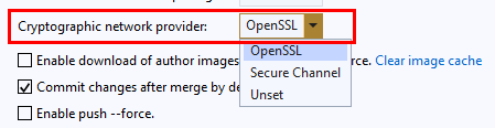 Visual Studio 2017 团队资源管理器中选择了 OpenSSL 的加密网络提供程序设置的屏幕截图。
