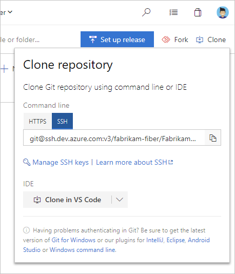 显示 Azure Repos SSH 克隆的 URL 的屏幕截图