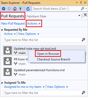 Visual Studio 团队资源管理器中 P R 列表的屏幕截图。