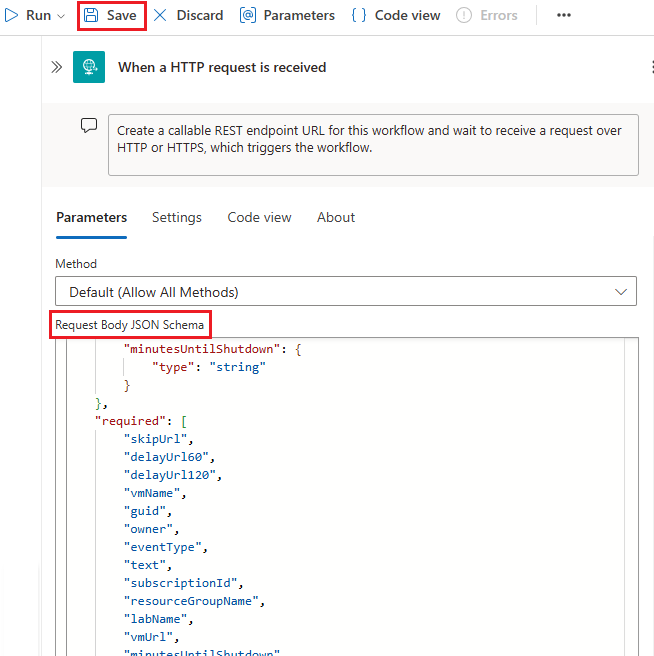 屏幕截图显示设计器中的“请求正文 JSON 架构”。