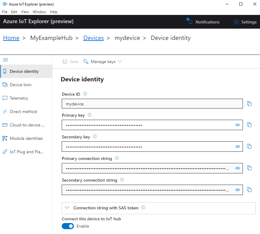 Azure IoT 资源管理器设备标识的屏幕截图