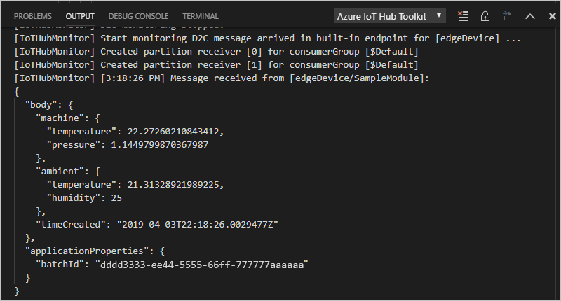 显示传入设备到云消息的 Visual Studio Code 输出窗口的屏幕截图。