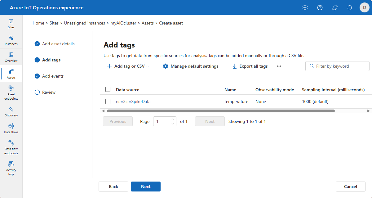 Azure IoT 操作添加标记页的屏幕截图。