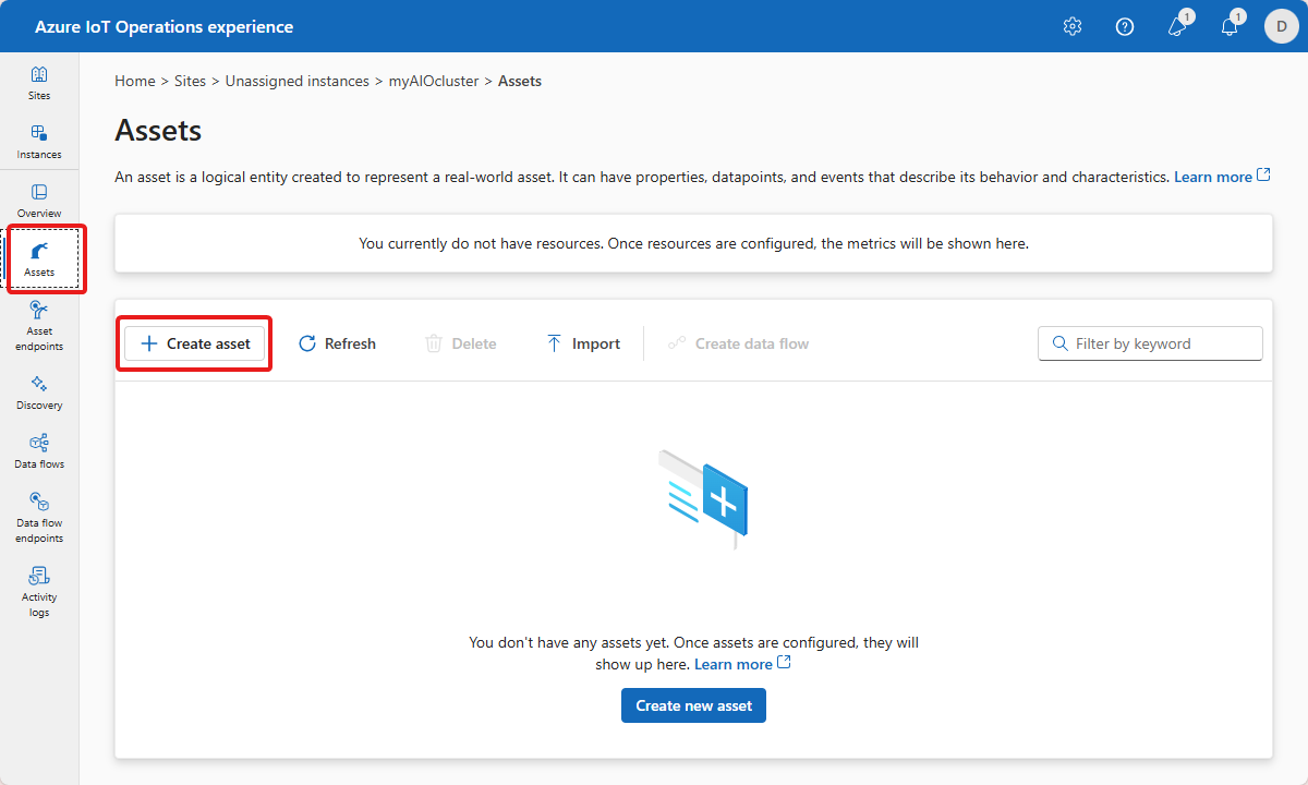 Azure IoT 操作空资产列表的屏幕截图。