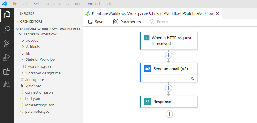 屏幕截图显示 Visual Studio Code、逻辑应用工作区、项目和工作流。