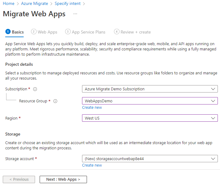 Azure Migrate Web 应用基本信息屏幕的屏幕截图。