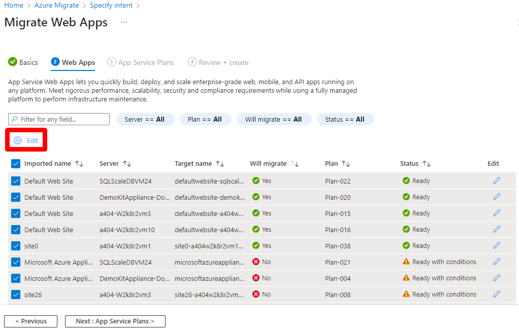 Azure Migrate 所选 Web 应用的屏幕截图。