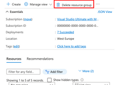 一个屏幕截图，其中显示了 Microsoft Azure 门户中“删除资源组”按钮的位置。