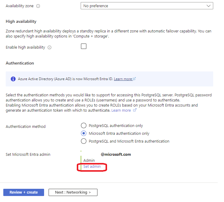 屏幕截图显示了用于在服务器预配期间设置 Microsoft Entra 管理员的选项。]。