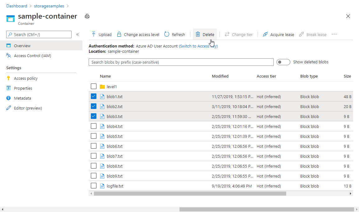 显示如何从 Azure 门户中删除 Blob 的屏幕截图