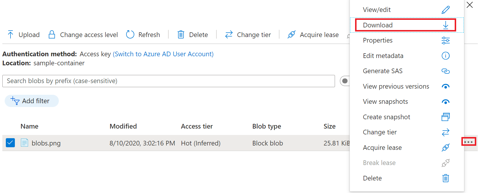 显示如何在 Azure 门户中下载 Blob 的屏幕截图