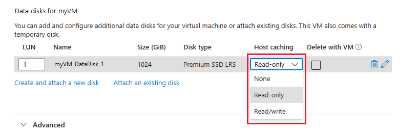 Screenshot of the managed disk page that shows the read-only option.