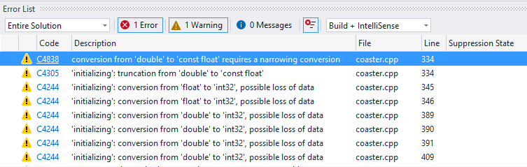 Visual Studio 错误列表窗口的屏幕截图