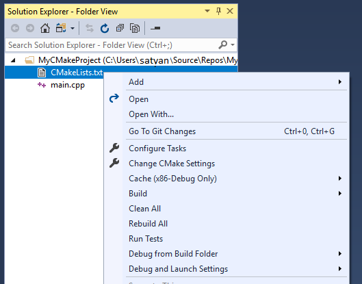 右键单击 C Make Lists 点 t x t 后 Visual Studio 解决方案资源管理器的屏幕截图。