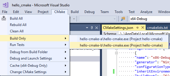 Visual Studio 主菜单的屏幕截图，打开到 C Make Build Only。