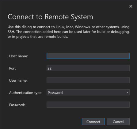 Visual Studio 连接到远程系统对话框的屏幕截图。