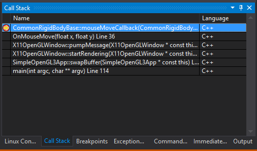 Visual Studio 调用堆栈窗口，显示 Linux 调用堆栈。