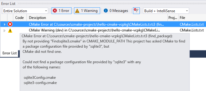 Visual Studio“错误列表”中 CMake 错误的屏幕截图。