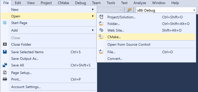 Visual Studio 主菜单的屏幕截图，其中选择了 C Make。