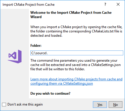 “导入 CMake 项目从缓存”向导的屏幕截图。要导入的 CMake 项目的目录路径填写在文本框中。