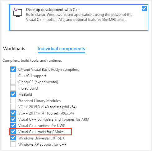 Visual Studio 安装程序的屏幕截图。选择“单个组件”选项卡，在该选项卡上选择用于 C Make 的 Visual C++ 工具。