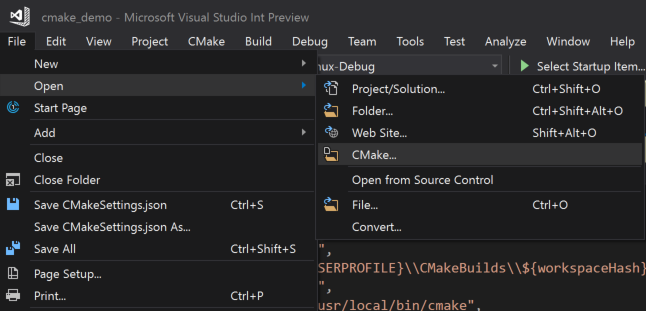 显示“文件 > 打开 > C Make”的 Visual Studio 菜单的屏幕截图。文件夹尚未打开。这只是此时打开的菜单。