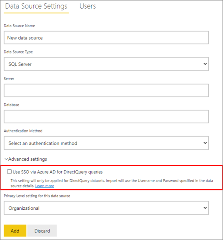 突出显示了用于 DirectQuery 查询的使用 Microsoft Entra ID 的 SSO 的数据源设置页的屏幕截图。