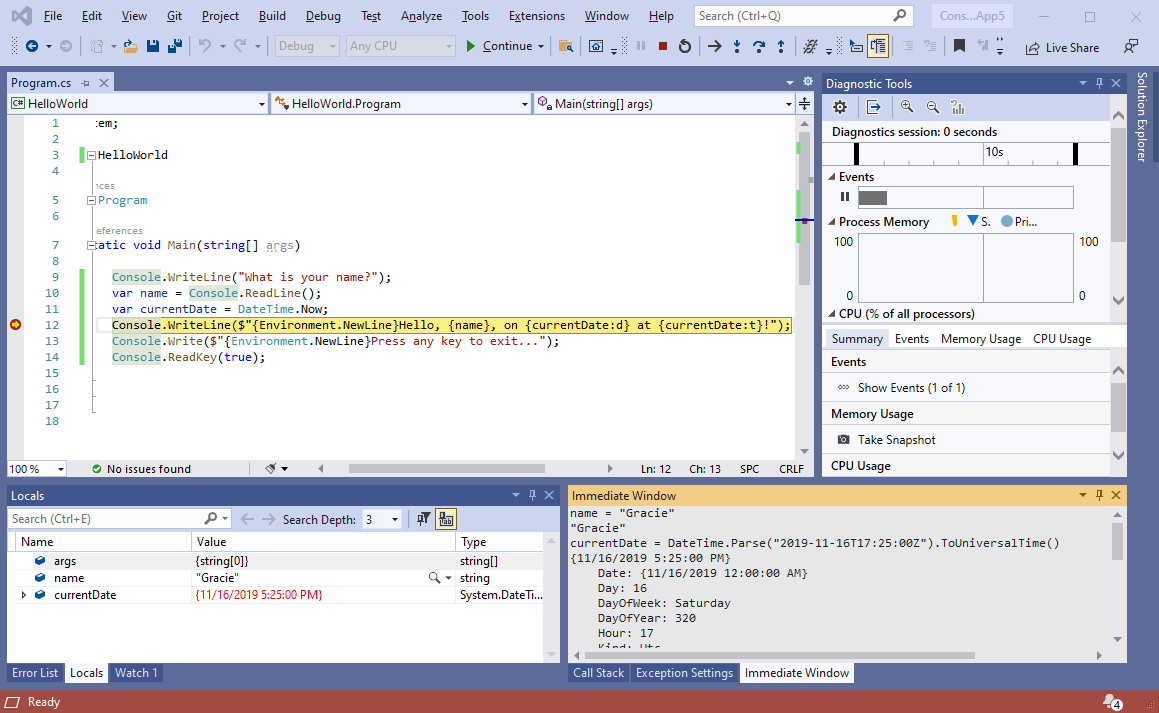 Visual Studio 2019 中的“局部变量”和“即时”窗口