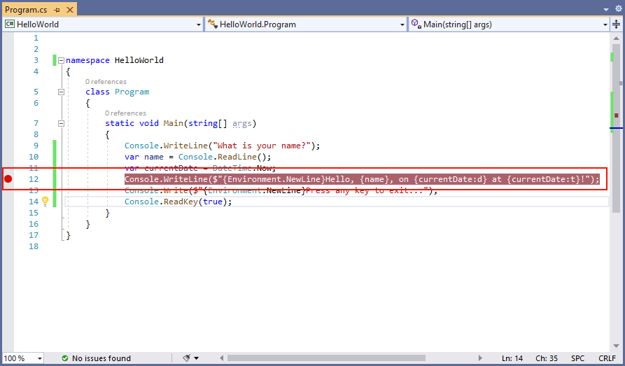 设置断点后的 Visual Studio 程序窗口