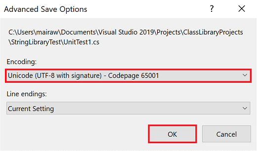 Visual Studio“高级保存选项”对话框