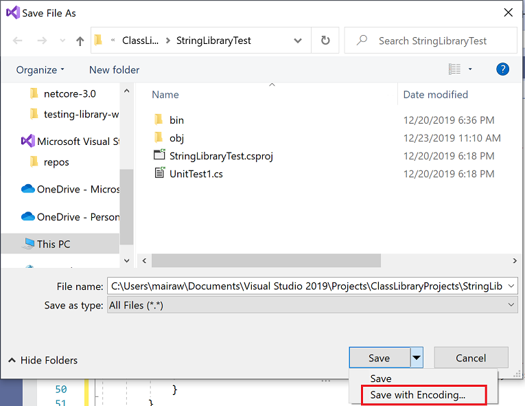 Visual Studio“文件另存为”对话框