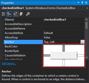 展开了 Anchor 属性的 .NET Windows 窗体的 Visual Studio 属性窗格。