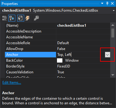显示了 Anchor 属性的 .NET Windows 窗体的 Visual Studio 属性窗格。