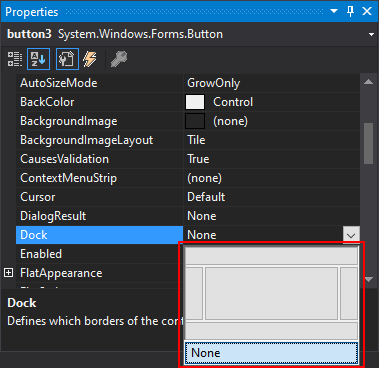 展开了 Dock 属性的 .NET Windows 窗体的 Visual Studio 属性窗格。