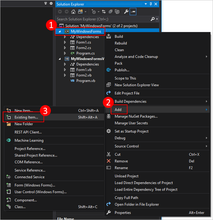 右键单击解决方案资源管理器，将现有窗体添加到 Windows 窗体项目