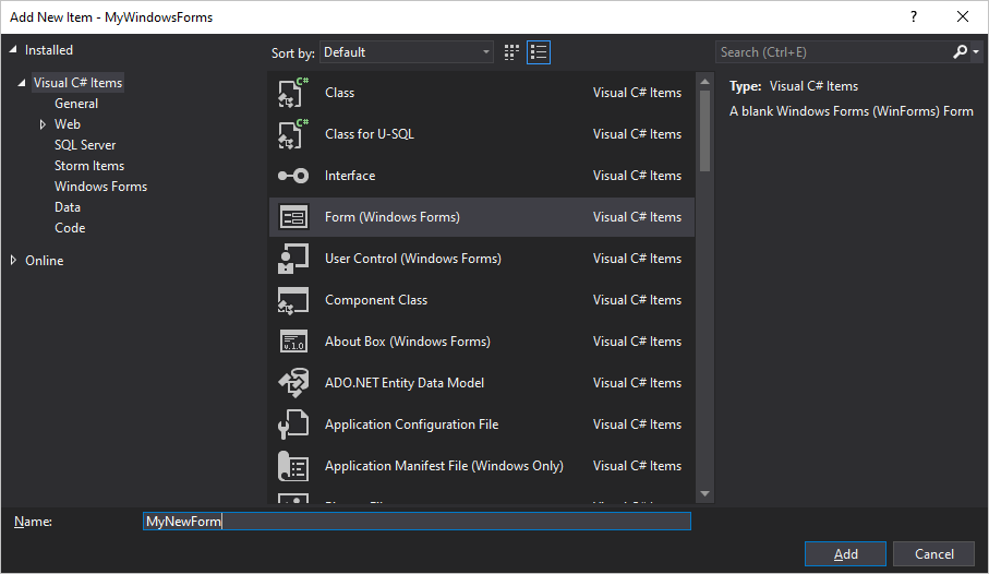 Windows Forms 的 Visual Studio 中的“添加项”对话框