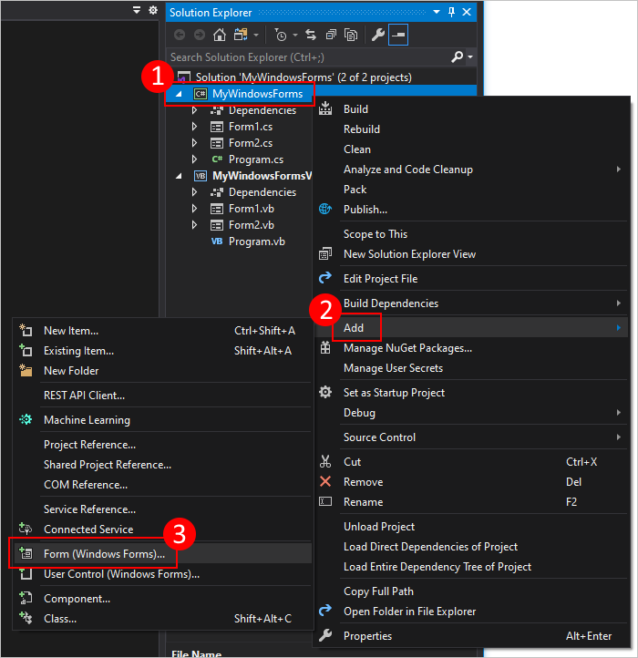 右键单击解决方案资源管理器，将新窗体添加到 Windows 窗体项目