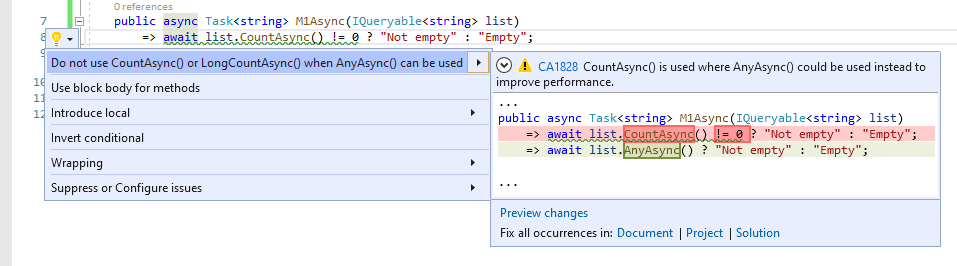“CA1828 - 如果可以使用 AnyAsync()，请勿使用 CountAsync() 或 LongCountAsync()”的代码修复