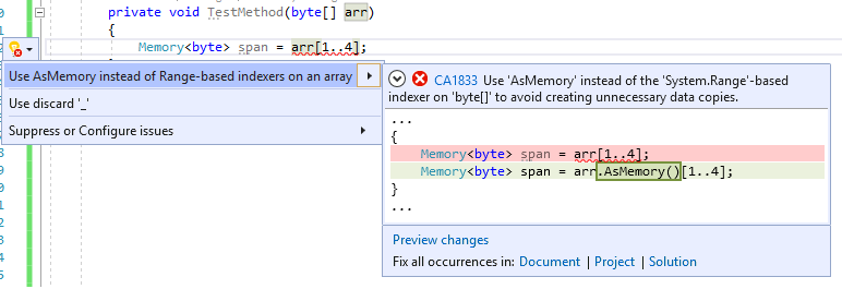 CA1833 的代码修补程序 - 使用 AsSpan 或 AsMemory 而不是基于范围的索引器来获取数组的 Span 或 Memory 部分